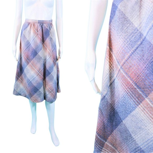 Vintage 1970s Plaid Wool Skirt Fall Gray Mauve A Line | W 23" - Picture 7 of 7